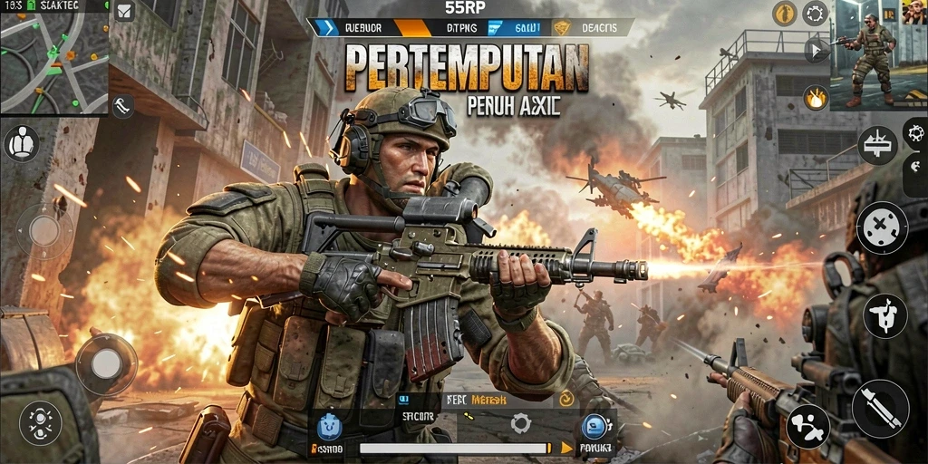 Screenshot gameplay 55RP menunjukkan aksi tembak-menembak yang mendebarkan.
