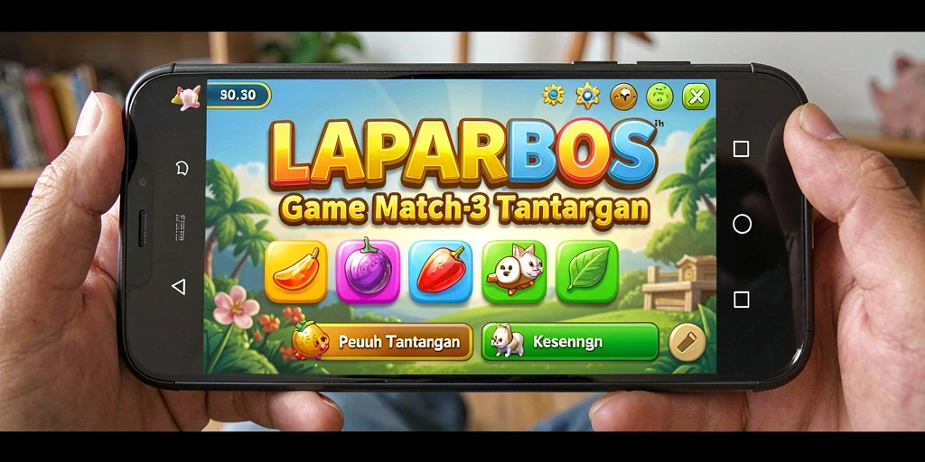 Screenshot gameplay LAPARBOS dengan elemen Match-3 berwarna-warni.